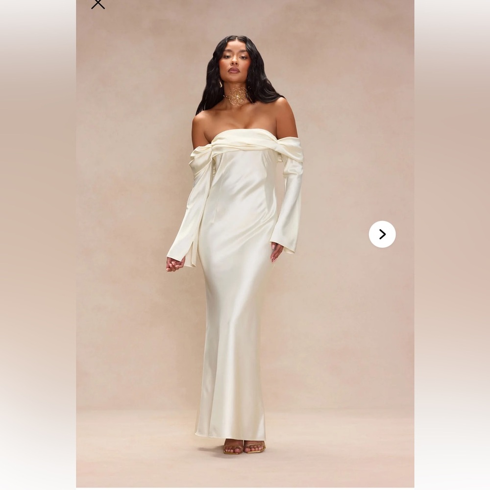 Fashion Nova Ivory Off-Shoulder Satin Maxi Dress